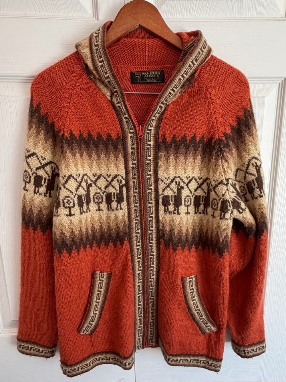 Hand Crafted Alpaca Hooded Full Zip Sweater Llama Fair Isle Peru burnt Orange M